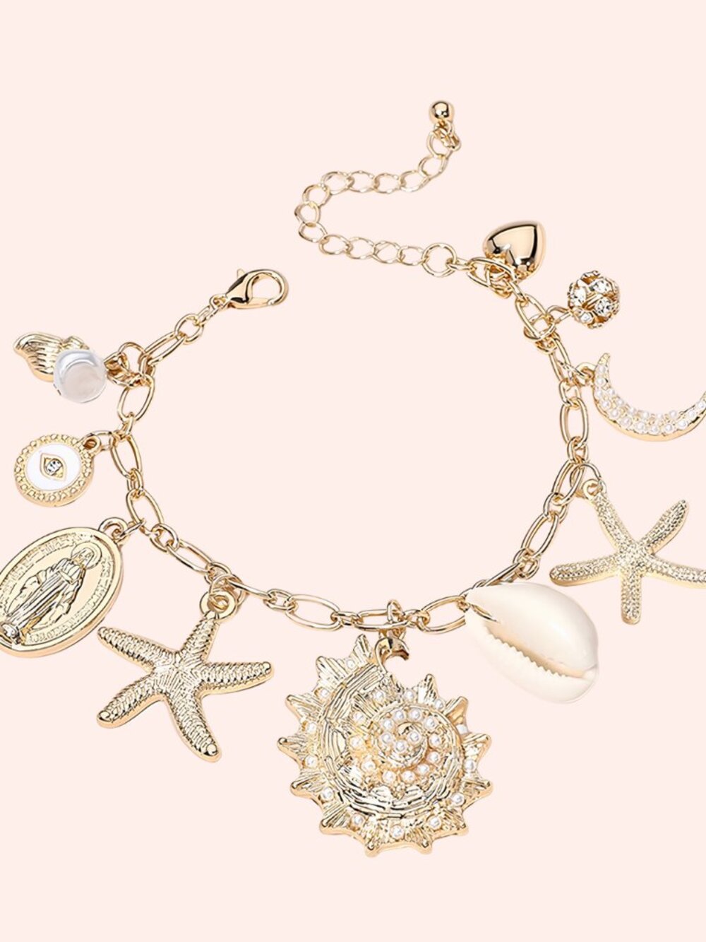 Pearl 18K Gold Dipped Charm Bracelet Beach Theme Summer Beach Style Seashell